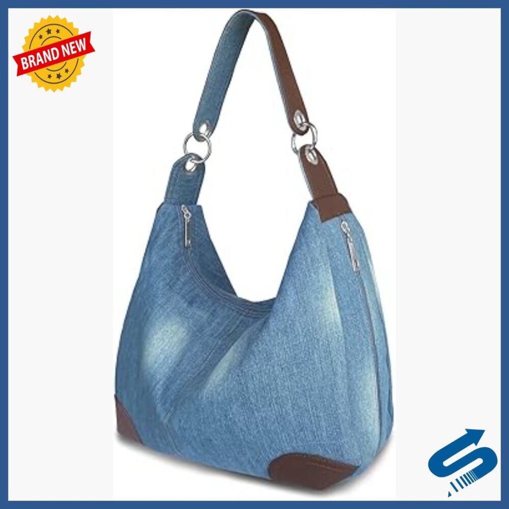 Large Denim Tote Bag with Multiple Pockets Adjustable Strap Crossbody Hobo